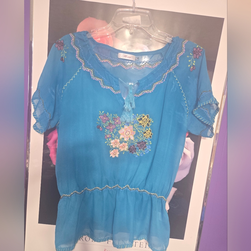 Annabelle Sheer Floral Peasant Blouse L